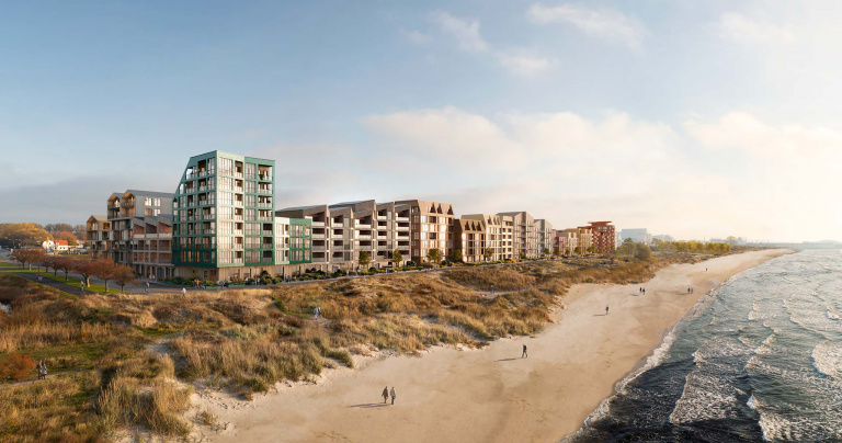 En ny sandstrand planeras i området. Visionsbild framtagen av Kanozi arkitekter på uppdrag av Serneke/Granitor. (Uppdaterad visionsbild för detaljplan etapp väst)