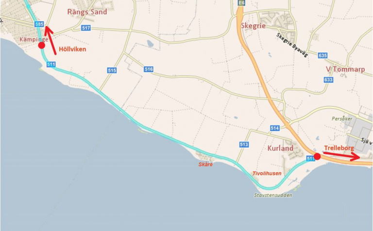 karta över planerad cykelväg Trelleborg-Höllviken