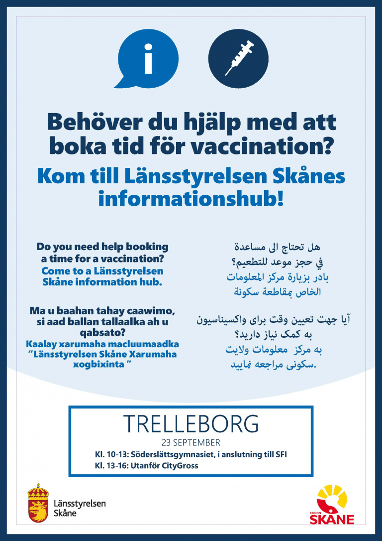 Affisch med information på olika språk