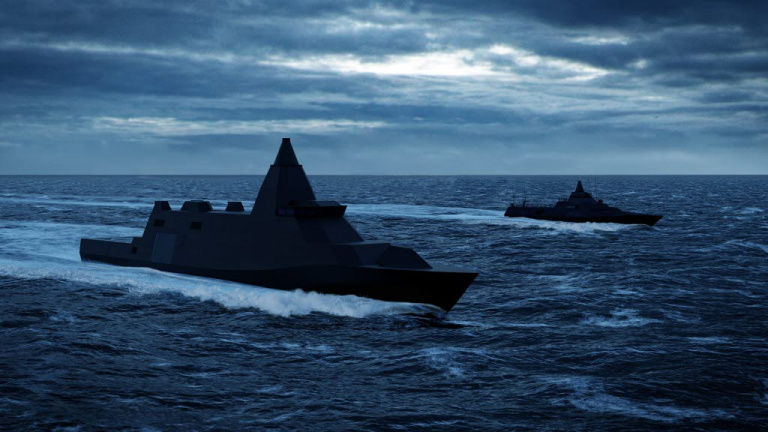 Skissen visar marinens nya ytstridsfartyg, däribland HMS Trelleborg, att jämföra med den mindre redan befintliga Visbykorvetten till höger i bild.