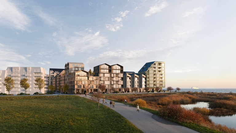 Vid infarten till Trelleborg får stadens västra entré en ny skepnad: en strandnära stadsdel som knyter samman staden och havet. Visionsbild framtagen av Kanozi arkitekter på uppdrag av Granitor/Serneke.<br />
