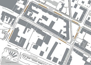 Kartskiss som visar var besökare kan parkera. 