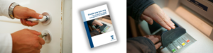 Dörrhandtag, folder och hand som döljer knappar på bankomat.